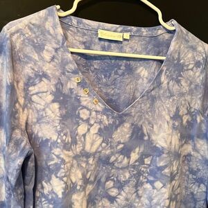 LuLu-B Womens Tunic Top 3/4 Sleeve Asymmetric Blue Tie Dye